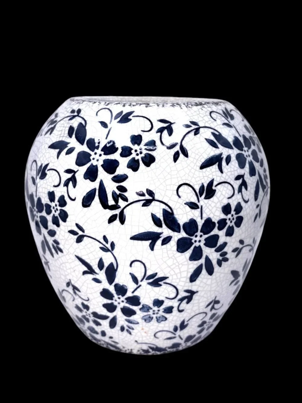 Vintage Blue White Crackle Glaze Ceramic Cachepot Planter Vase Floral 7.25